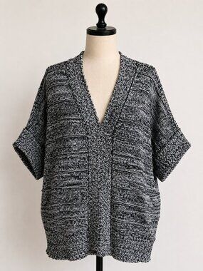 Cable & Gauge Marled Knit Sweater | L | Black White V-Neck